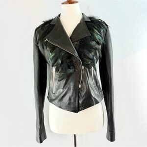 Band Of Outsiders Black Upcycled Leather Jacket with Feather Accents